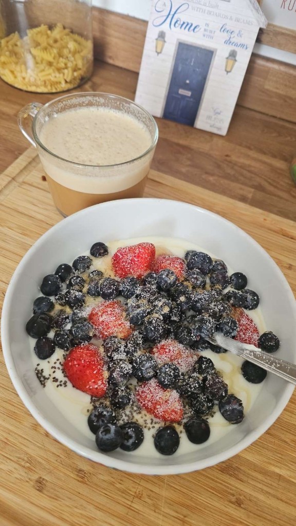 Healthy breakfast bowl and coffee
